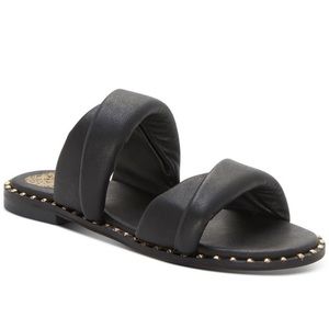 EUC Vince Camuto Palennie Black and Gold Studded Puffy Flat Sandals Size 10